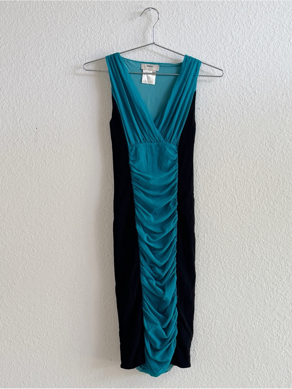 FUZZI Ruched Teal and Black Sleeveless Dress